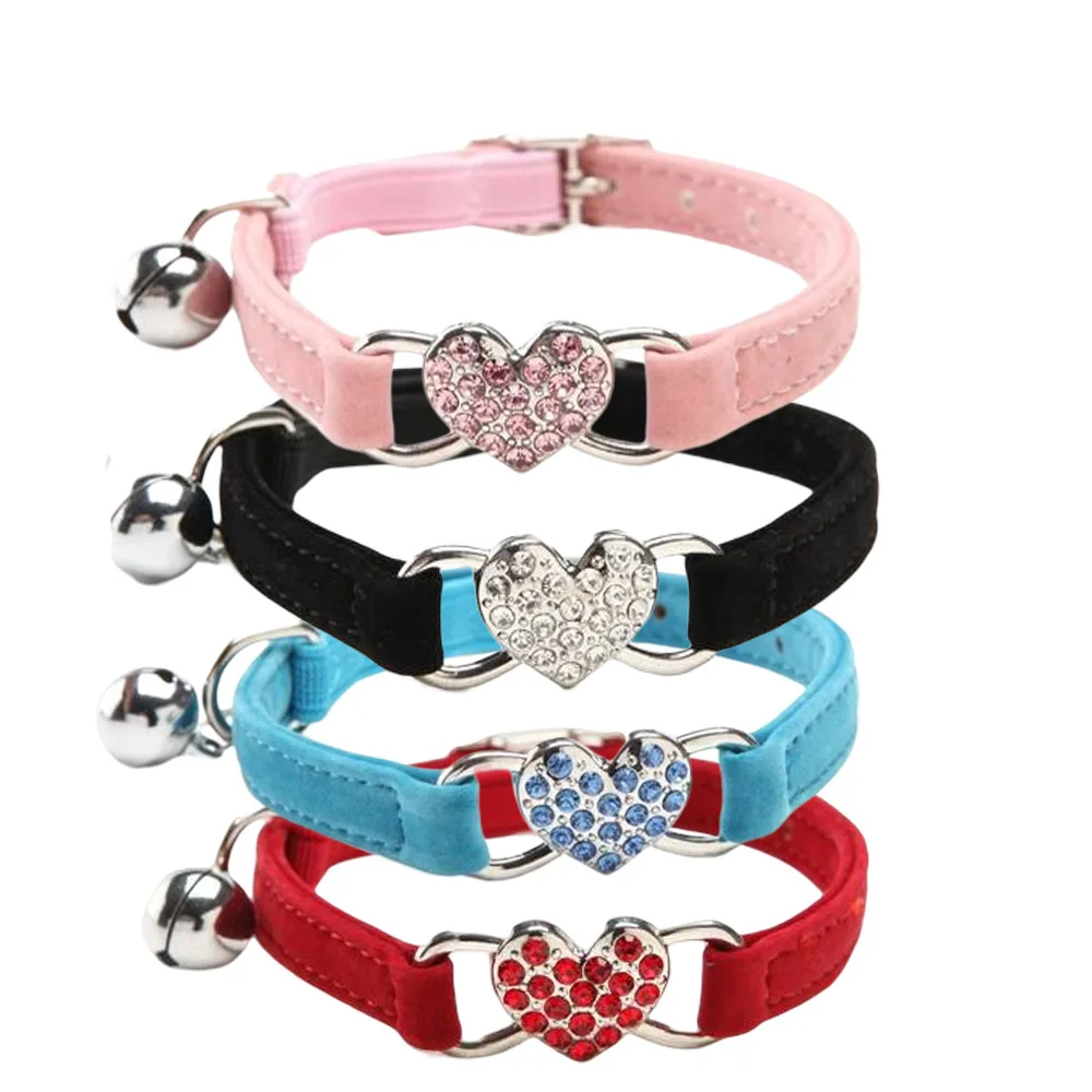 Heart Shape Cat Collar Safety Elastic Adjustable Collar With Bell Soft Velvet Cat Crystal Collar For Small Dog Kitten Puppy