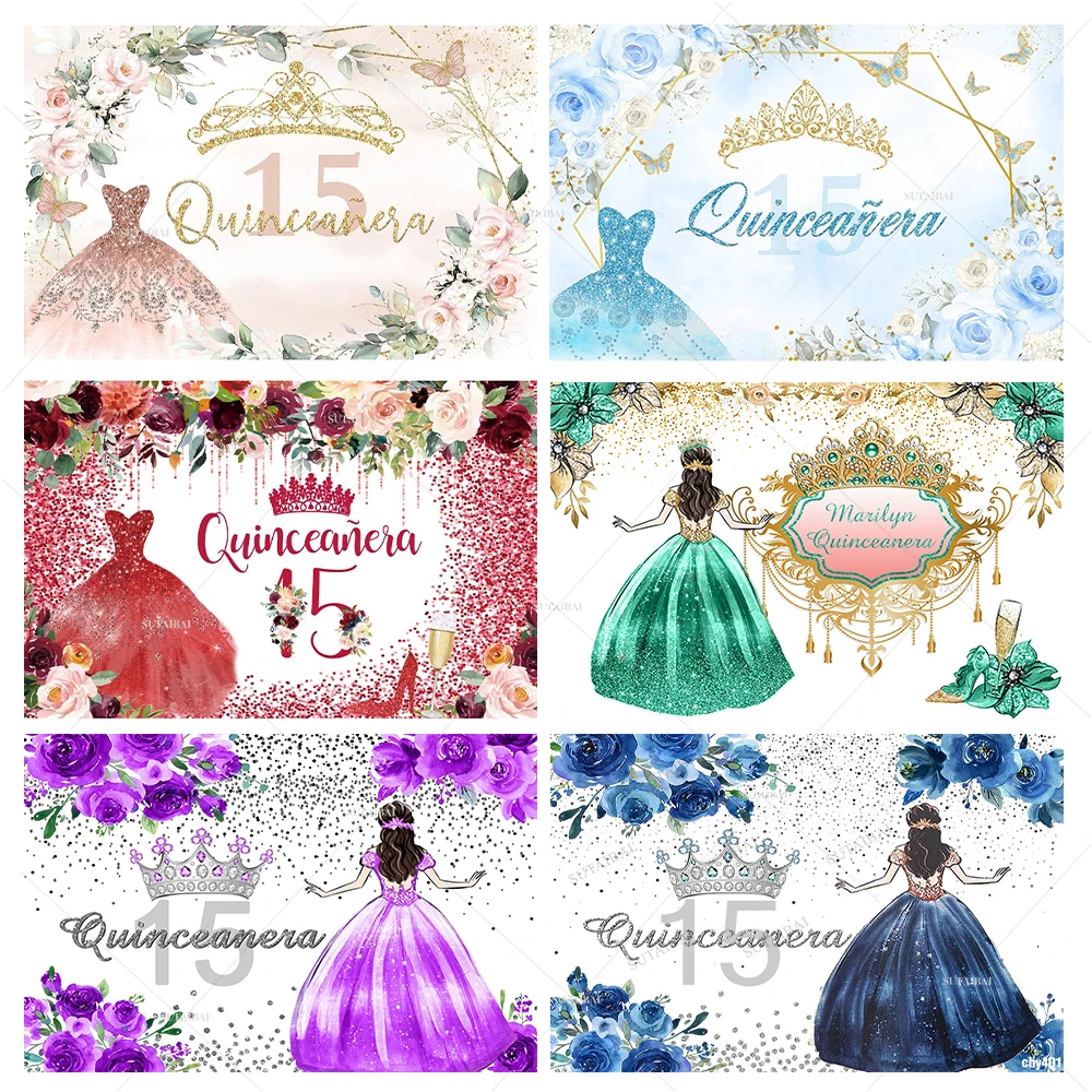 Sweet 15th Birthday Photography Backdrop Quinceanera Princess Girl Dress Flowers Party Photographic Background for Photo Studio