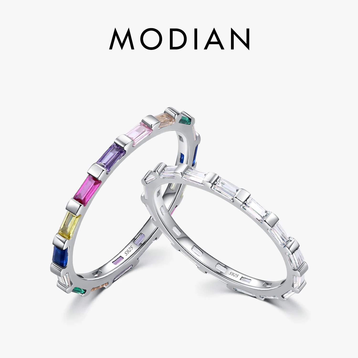 Modian Authentic 925 Sterling Silver Rainbow Emerald cut Rectangle CZ Finger Rings for Women Wedding Band Engagement Jewelry