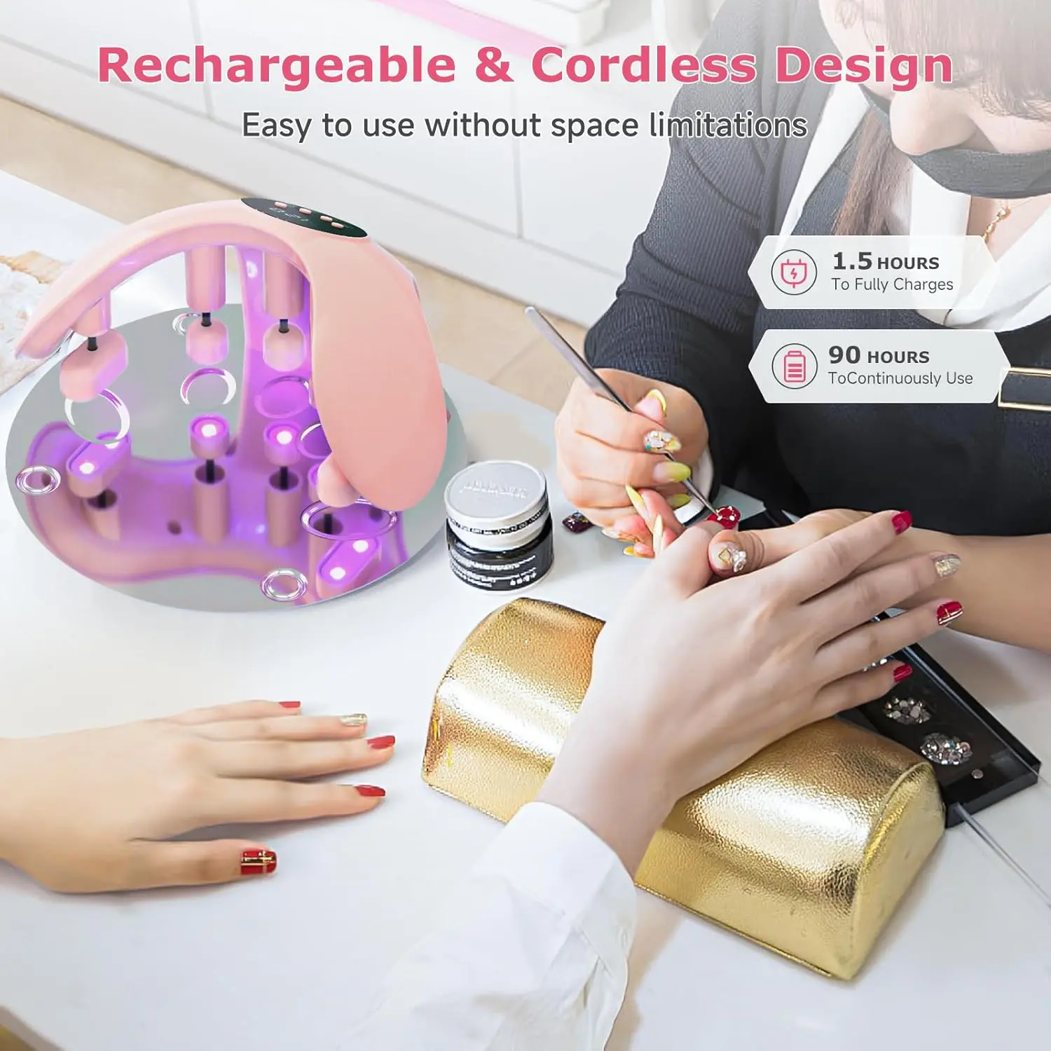 مصباح أظافر LED قابل لإعادة الشحن، مجفف جل بالأشعة فوق البنفسجية بقدرة 49 وات مع 4 إعدادات للمؤقت وزاوية قابلة للتعديل