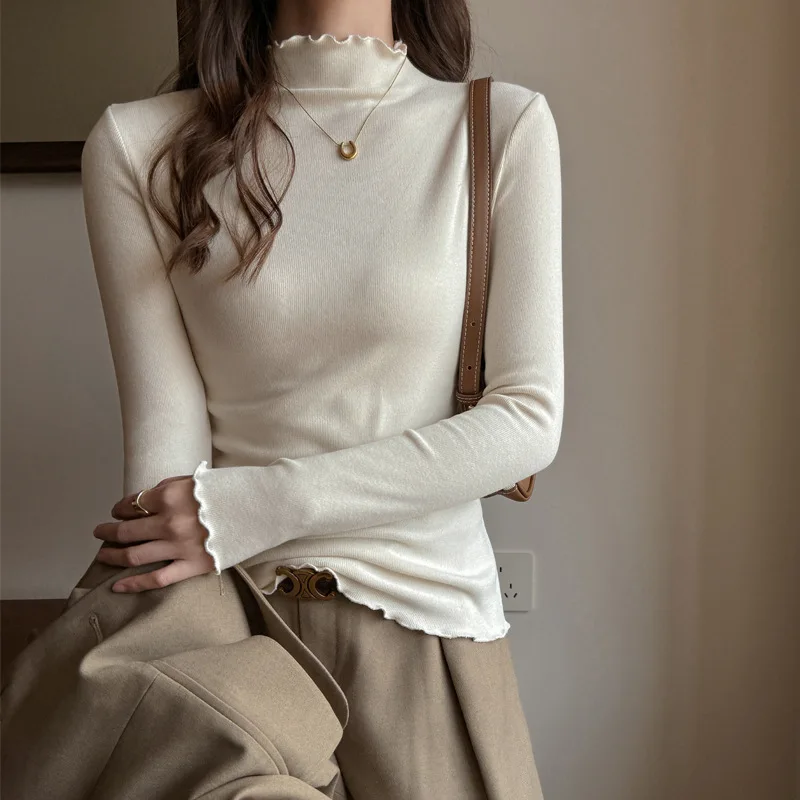 2026 Modal Semi-turtleneck Bottom Shirt Women's T-Shirts Long Sleeve Mask Women T-Shirt Fungus Edge Thin Solid Color Tops Tees