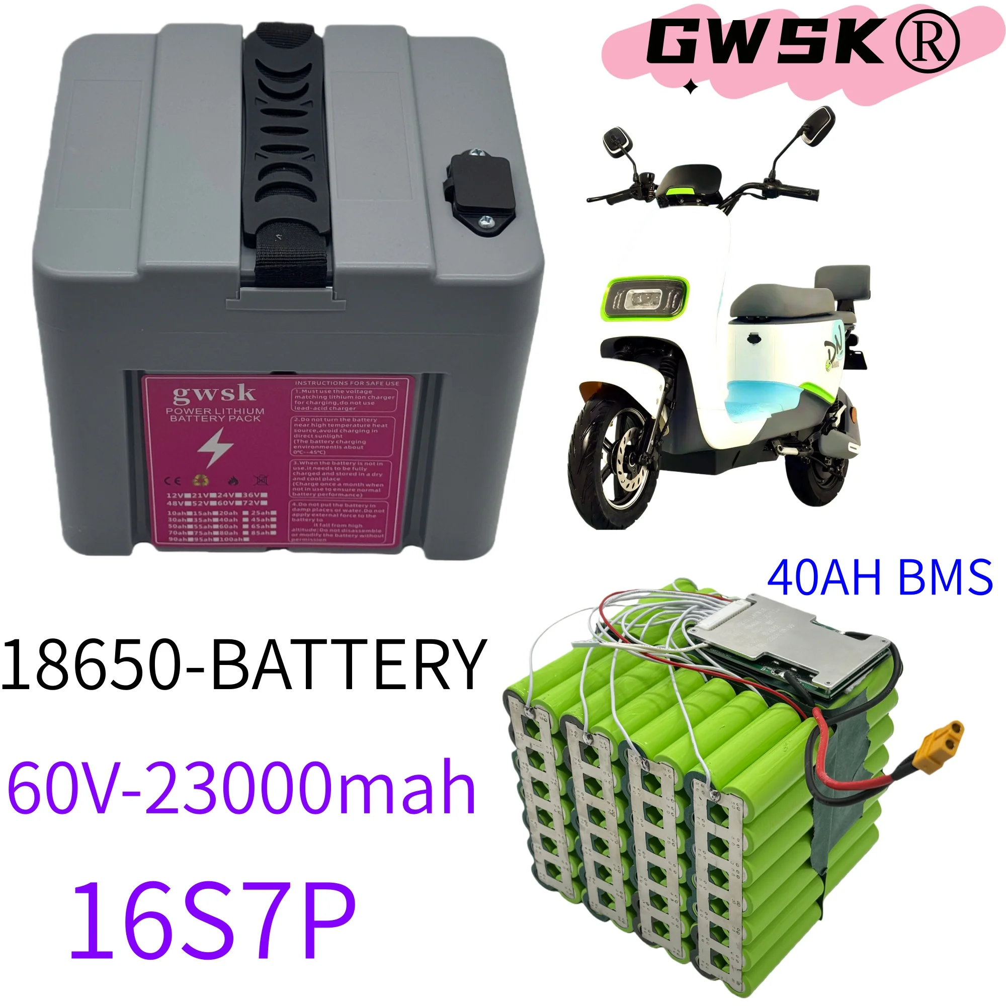 

GWSK@72V/60V/48V/24V, 18650 battery, air transportation, built-in BMS+charger, suitable for 3000W power application