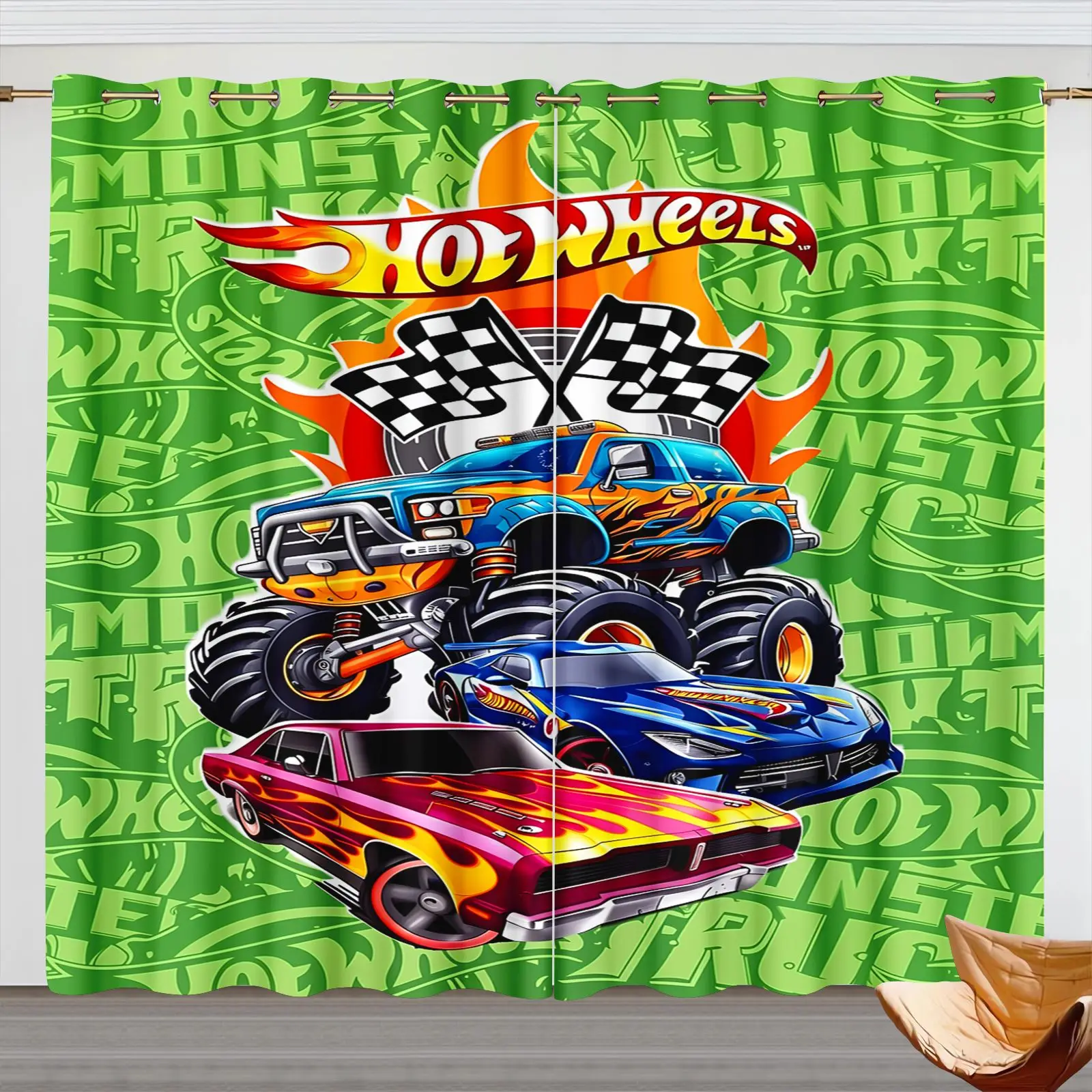 Hot Wheels Logo Graffiti Blackout Curtains 2 Panels Red Flame Racing Print Window Curtain Thermal Insulated Drapes for Boys Kids