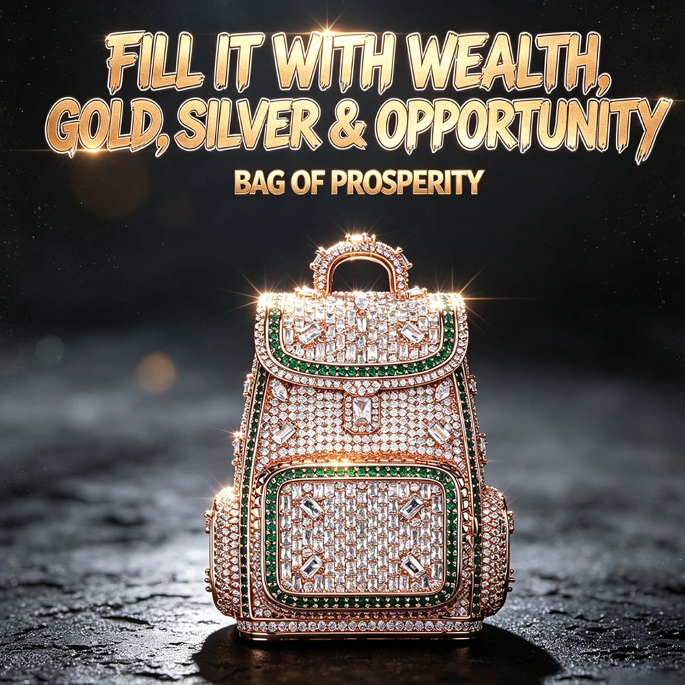 Luxury 18K Rose Gold Plated  Mini Backpack Pendant Full Diamond Clear Green Cubic Zirconia Hip Hop Jewelry Wealth Bag Charm Bling Necklace Accessories for Men Women Rap Club Daily Doller Money Bag Design Fine Jewelry Gifts for Men Boy Friends