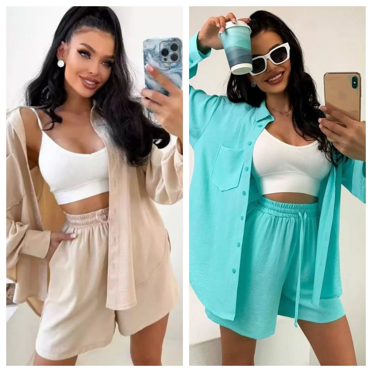 White Women\'s Summer Suit with Shorts 100% Cotton Loose Shirt Casual Two Piece Set Women Long Sleeve Top Muslin Suit for Women