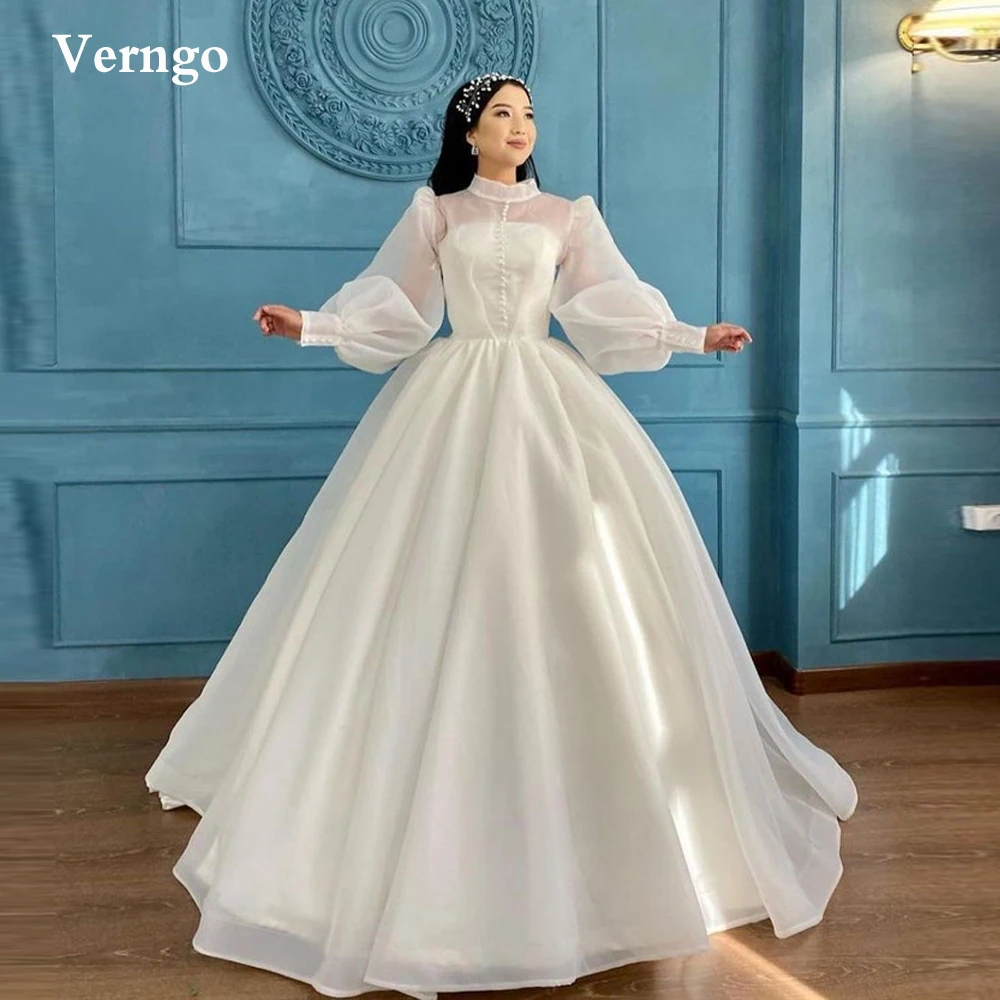 

Verngo Modest A Line Organza Wedding Dresses High Neck Long Sleeves Buttons Simple Bridal Gowns Women Simple Vestido de noiva