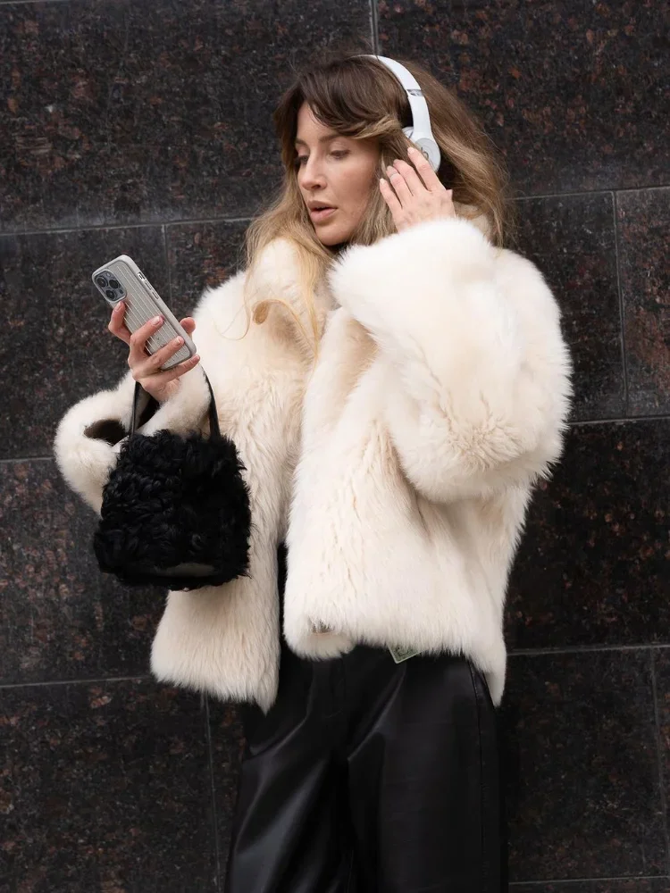 Elegant Stand Collar Long Sleeves Short Cardigan Fluffy Warm Fur Faux Thick Coat 2024 Autumn Winter Chic Lady Commuting Outwear