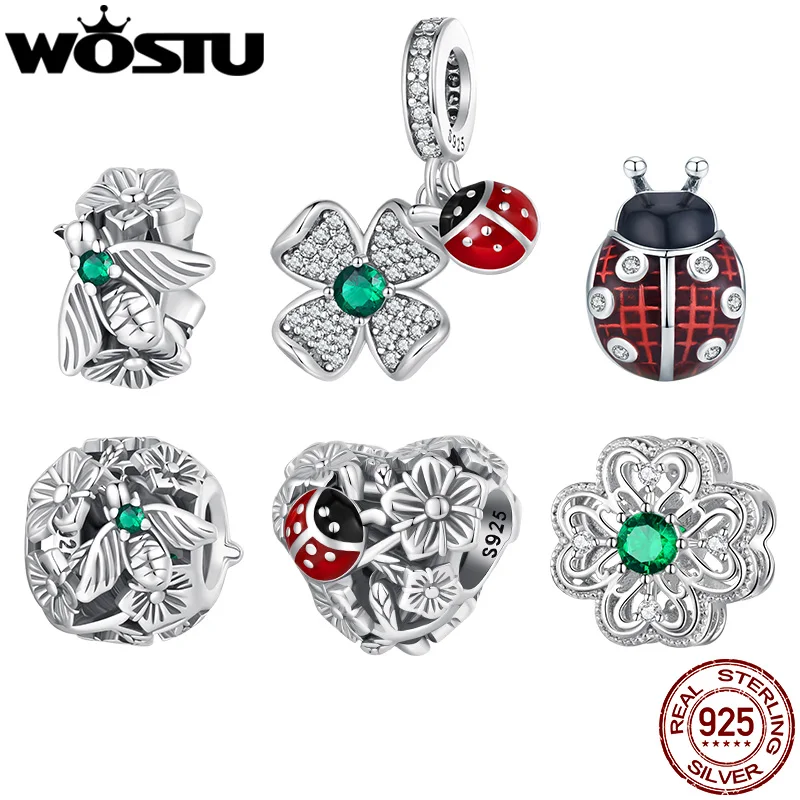 

WOSTU 925 Sterling Silver Red Ladybug Charm Lucky Colver Beads Bee Pendant For Original Bracelet DIY Necklace Women Jewelry Make