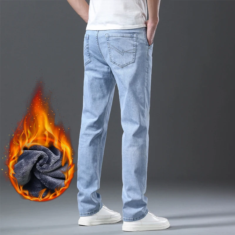 الشتاء الرجال الجينز سميكة الصوف الأعمال موضة خمر نحيل السراويل الطويلة عادية بلون سراويل جينز الشارع الشهير الذكور