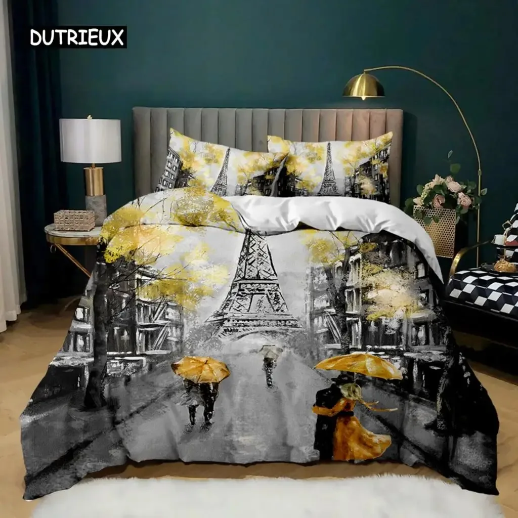 Retro Architectural Duvet Cover Woman In Red Dress Plays The Violin At The Eiffel Tower Double Queen King Polyester Qulit Cover