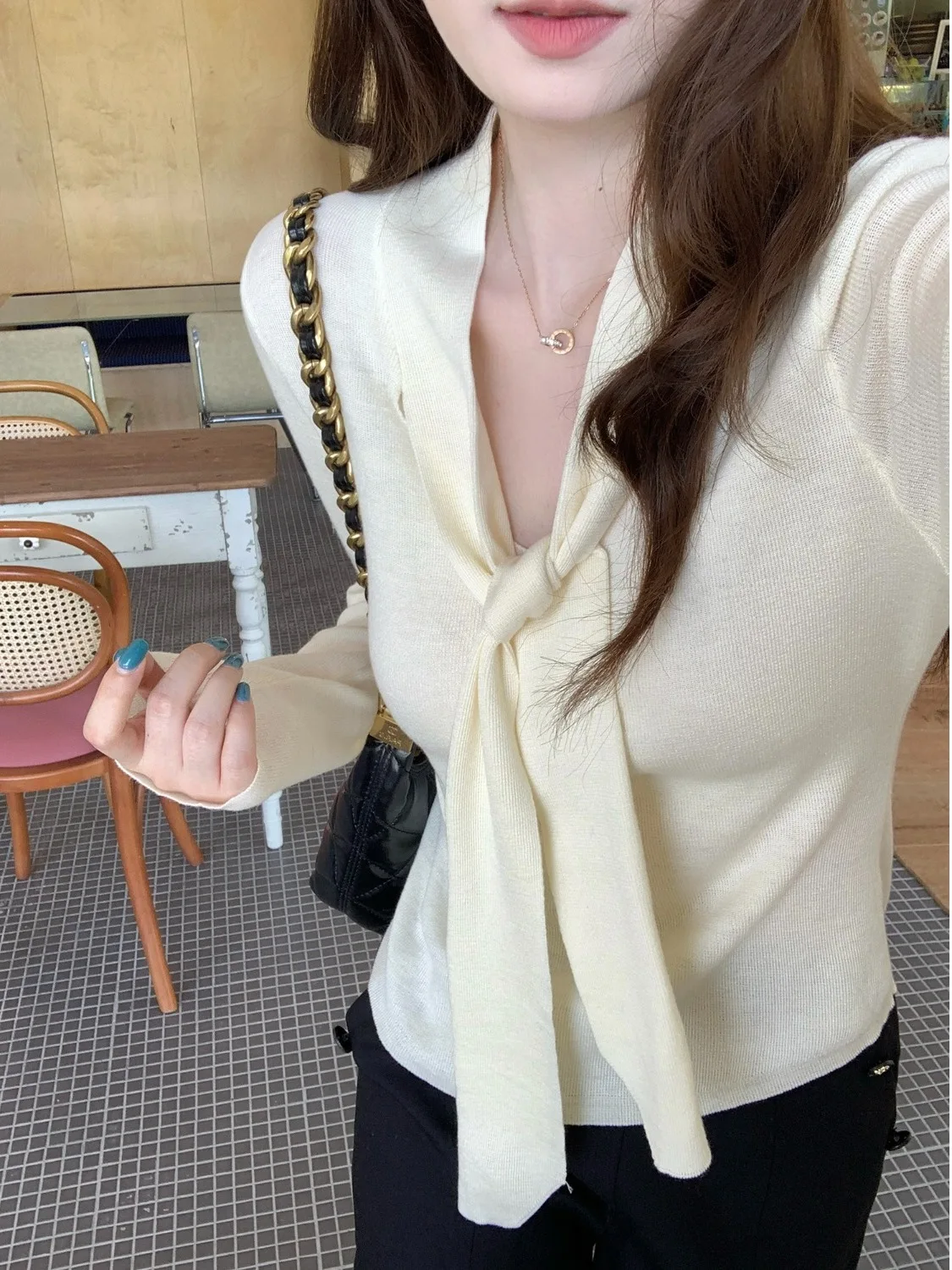 

Ele Lady Long Sve V-Ne Knitwear Women's Faion Slim Fit Trendy Top Autumn New Sle Sa Draped Sweater