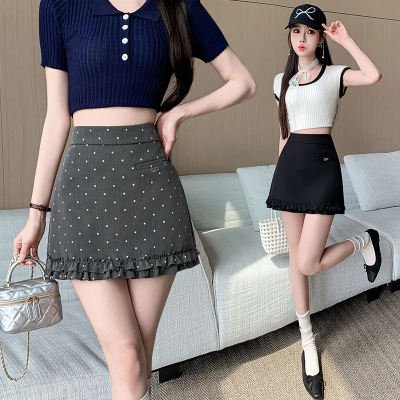 Women's High Waist Polka Dot Mini Skirt Vintage A-Line Casual Sexy Korean College Fake Fashion Solid Color Sweet Trim Suit Short