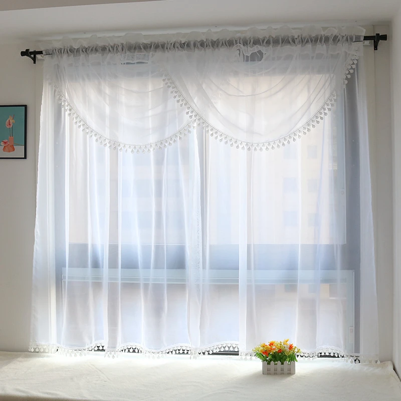 Double Arcuated Valance Style Voile Curtain, Lace edge Sheer White Window Drapes for Living Room Balcony 1PCS