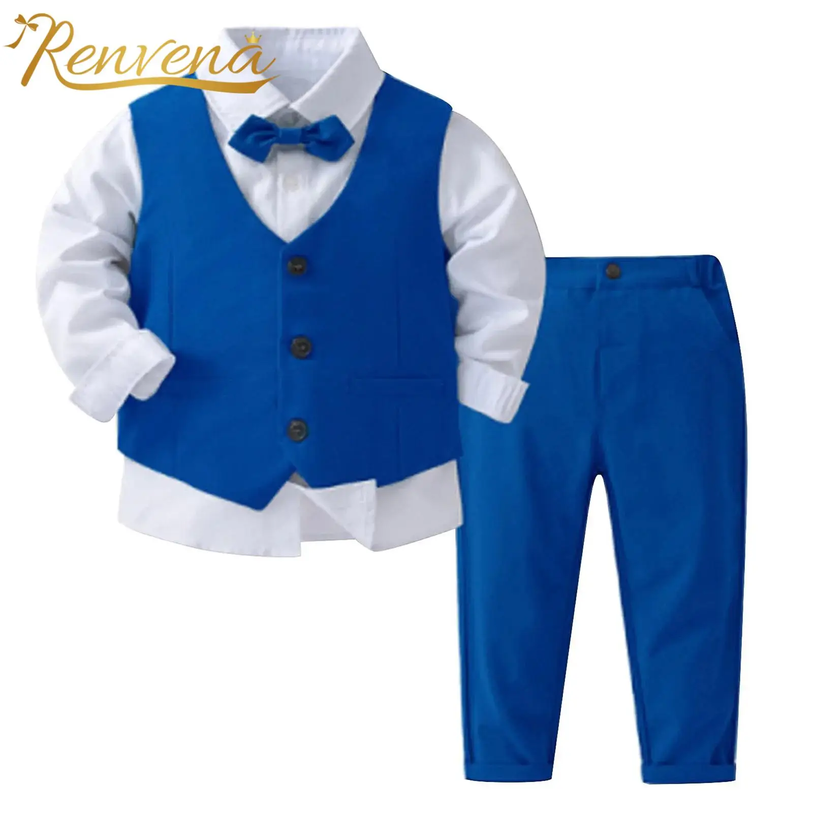 

Toddler Boys Gentleman Formal Outfit Long Sleeve Shirt with Bow Vest Pants 3-piece Suit for Boy Wedding Party Banquets Baptism