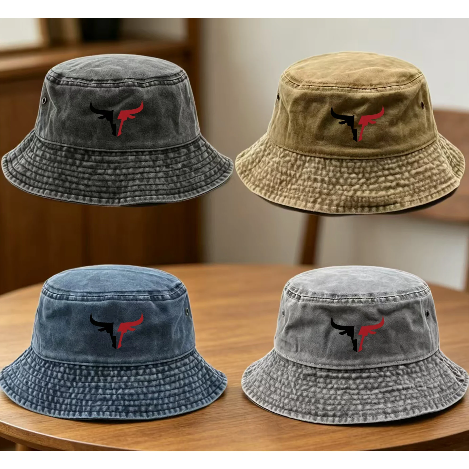 A Unisex Bucket Hat with a Bull Head Pattern and Design, Multicolored, Fashionable Style, Suitable for Outdoor Sports and Casual