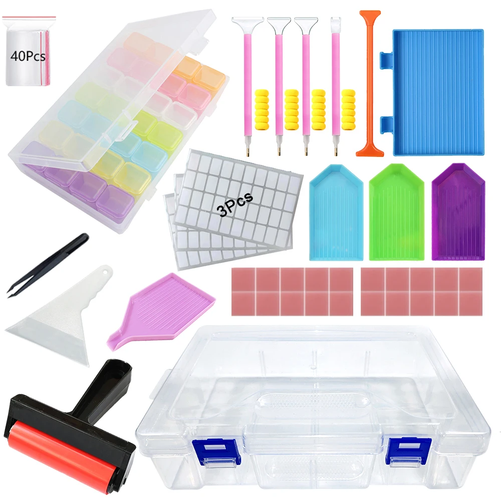 

Набор инструментов для алмазной вышивки с коробкой для хранения, 28 ячеек, этикетки, ручки для алмазной вышивки, ролик с несколькими насадками, лоток, воск, набор аксессуаров для 5D DIY-проектов