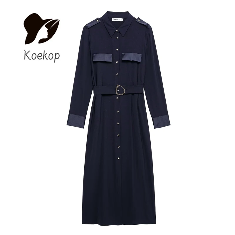 Koekop 2024 moda mujer Color sólido laberinto camisa estilo vestido Vintage Casual suelto mujer Chic vestidos de señora