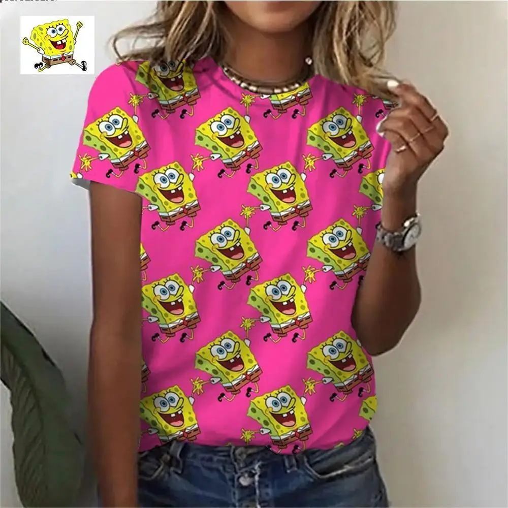 Summer fashion street trend retro boutique women\'s short-sleeved round neck T-shirt 3D printed Disney Spongebob cute T-shirt