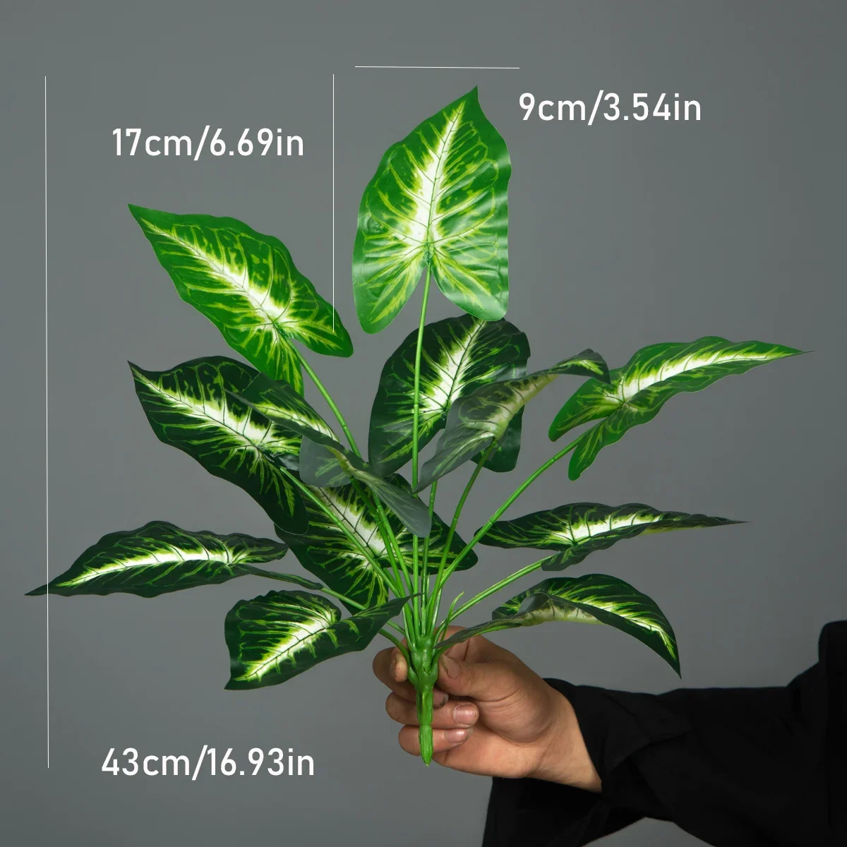 43 cm große künstliche Monstera-Pflanzen, künstliche Palme, tropische Schildkrötenblätter, Kunststoff-Maranta-Zweig, künstliche Alocasia-Blätter für die Heimdekoration – Detail 12