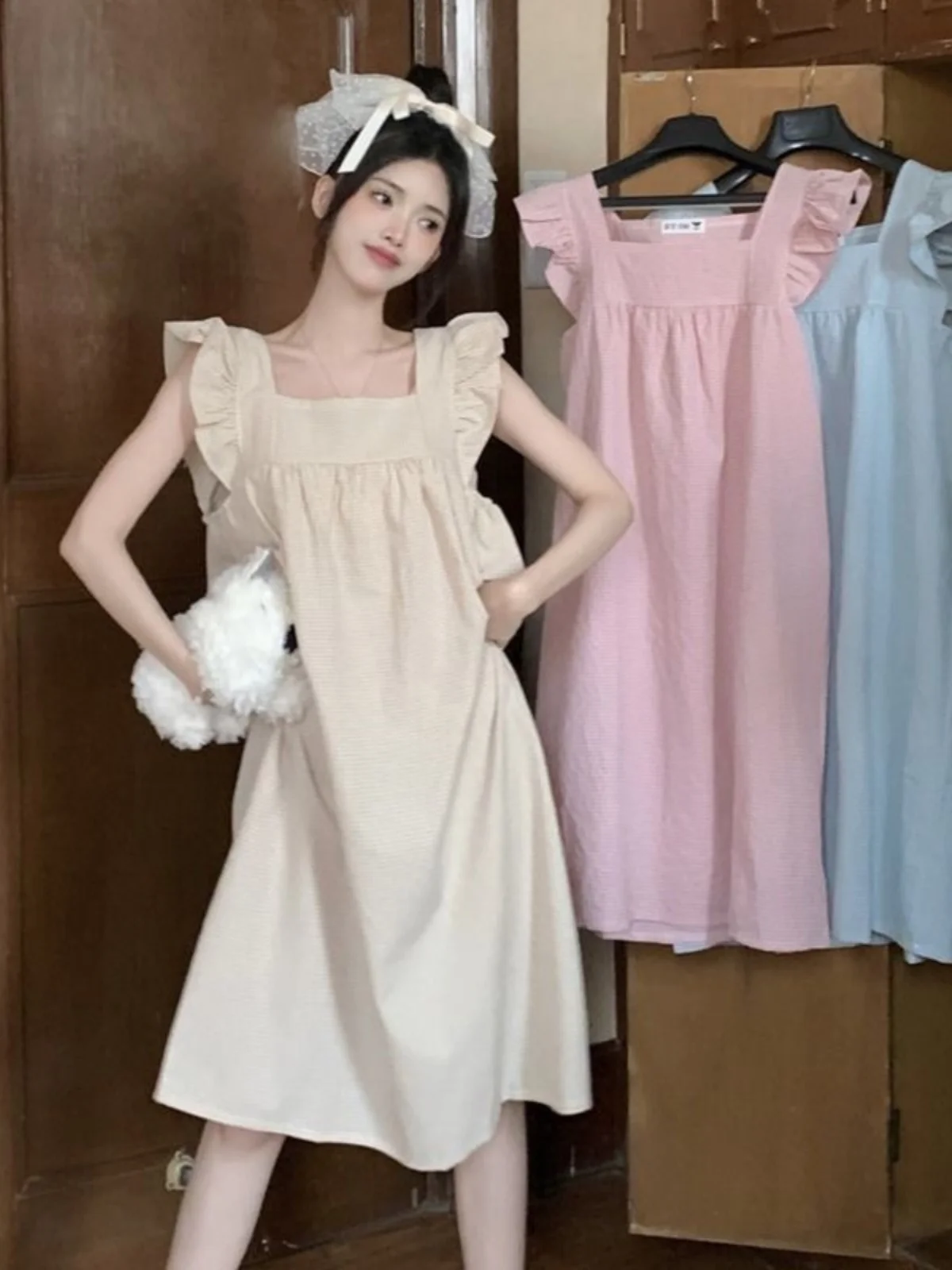 

plus Size Loose Slimming Plaid Sleeveless Midi Dress Women's Home Clothes Dress Thin Outerwear Casual Summer Style
