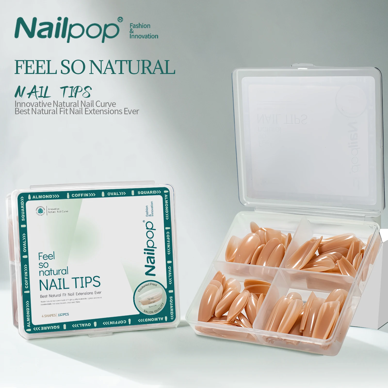 

Nailpop Press on Nude Pink 4 Shapes Almond Square Pre Colored 4 in 1 X-coat Tips Pre-applied Tip Primer for Nail Art DIY 112Pcs