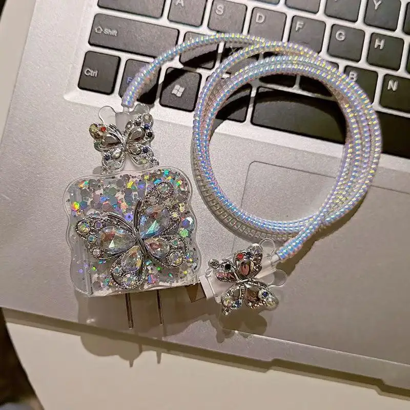 5Pcs Diamond Butterfly Charging Data Cable Protector Winder Accessories For 20w Fast Charger Protective Cases Cover Sleeve