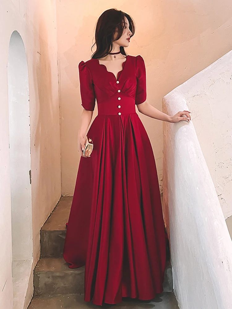

Slimming V-Ne Satin Red Wedding Dr for Engagement Par Summer Long Evening Gown Korean Sle ort Sve Pearl Embelli...