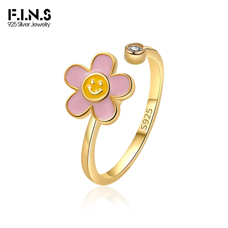 

F.I.N.S S925 Sterling Silver Sunflower Smile Face Spinning Open Rings Anxiety Relief Cubic Zirconia Finger Fashion Fine Jewelry