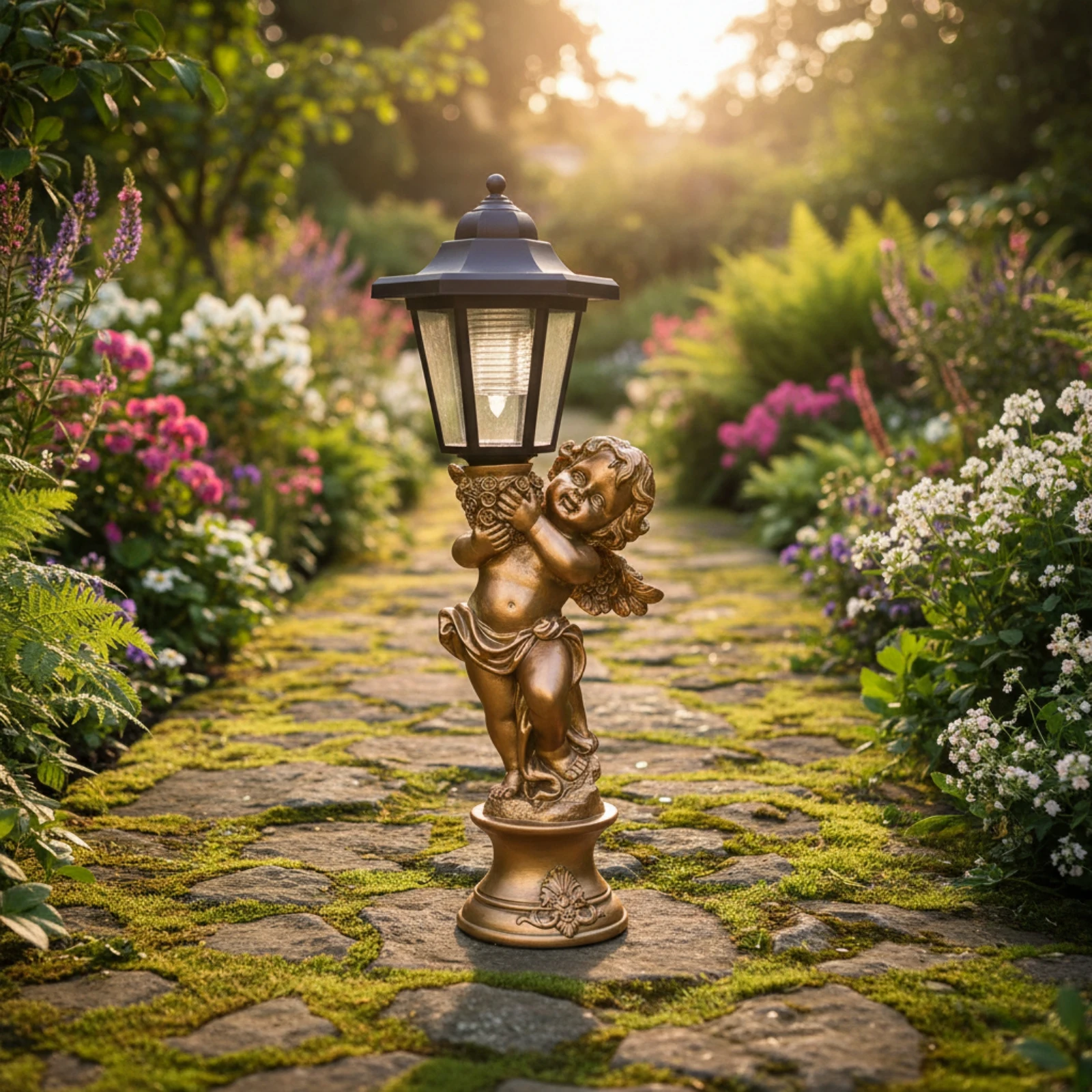 Cherub Statue with Lantern Resin Angel Statue with Lantern Solar Garden Light Weather-Resistant Sculpture Waterproof for Patio