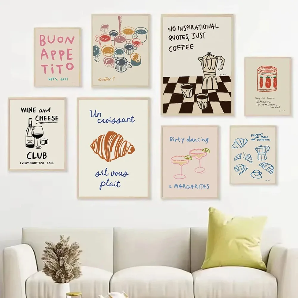 العصرية لطيف المطبخ مخبز الغذاء الإيطالي الفرنسية الكرواسون القهوة الإفطار المشارك حائط لوح رسم ديكور فني للمنزل