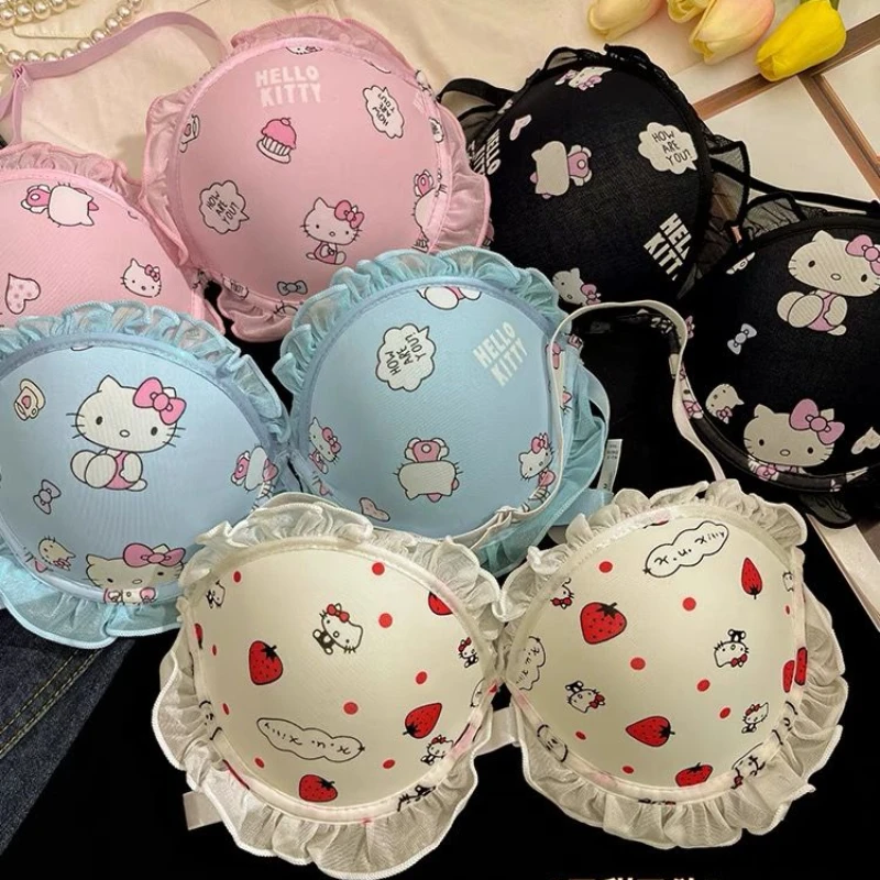 Kawaii Sanrio Hello Kitty Women Bra Panty Set Cartoon Sexy Girls Breathable Cute Underwear Sexy Cotton Panties Soft Brassiere