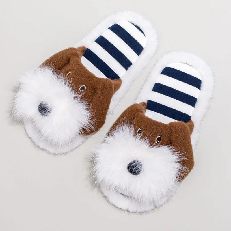 Cute Schnauzer Design Fluffy Cotton Slippers Women Fashion Striped Modern Slippers Winter Warm Non-slip Home Leisure Slippers