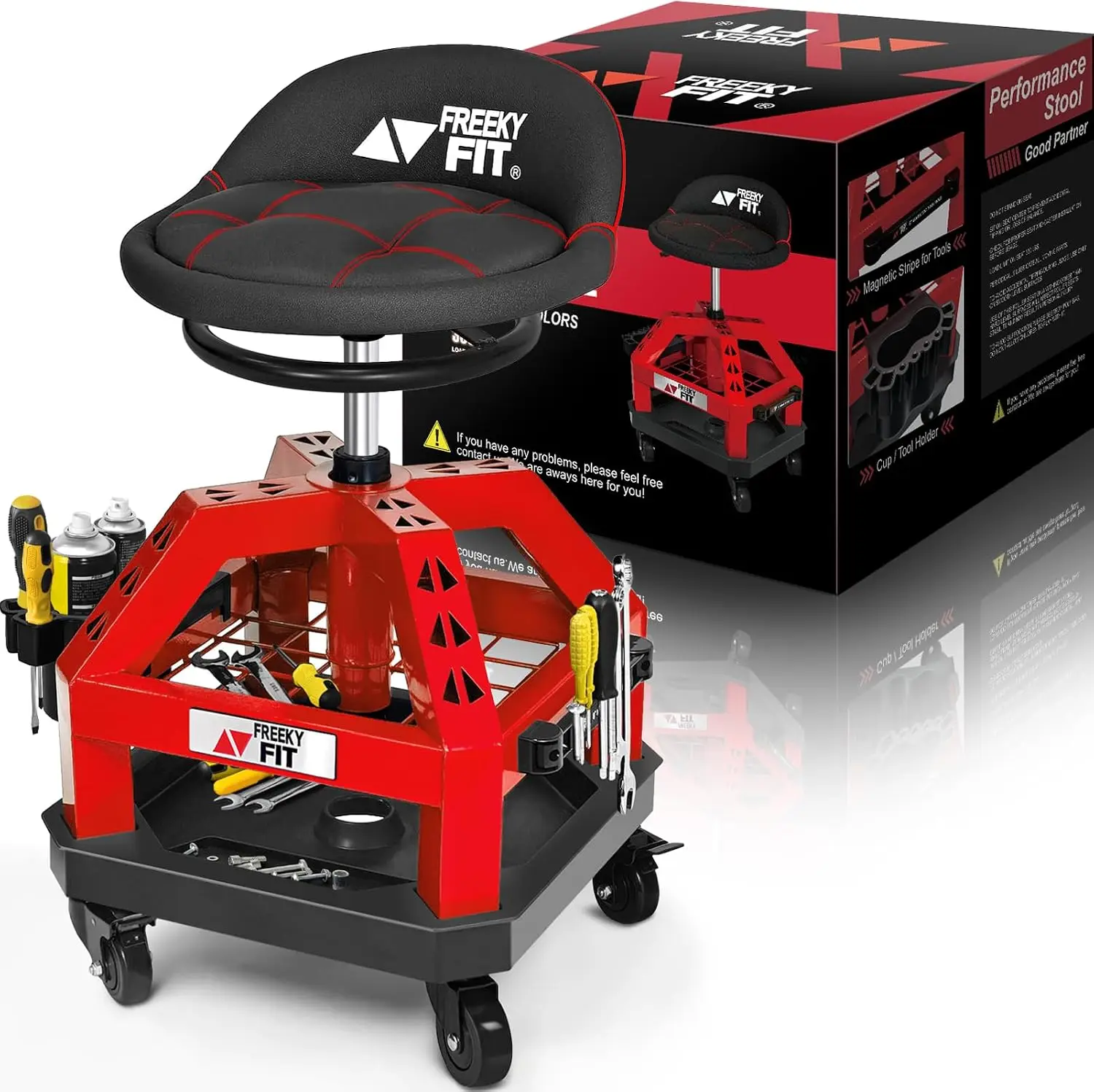 Rolling Shop Stool for Garage with Casters, DO02-Adjustable Height 360° Swivel Shop Seat with Tool Tray Storage, 330 LBS