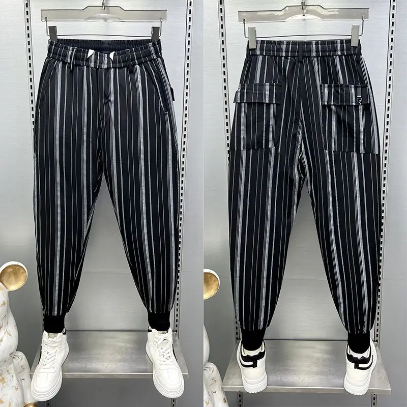 

Spring Autumn Pants Men's Striped Print Quick Drying Sports Fashion Color Contrast Haren Pants Loose Bunched Feet Men's Trousers