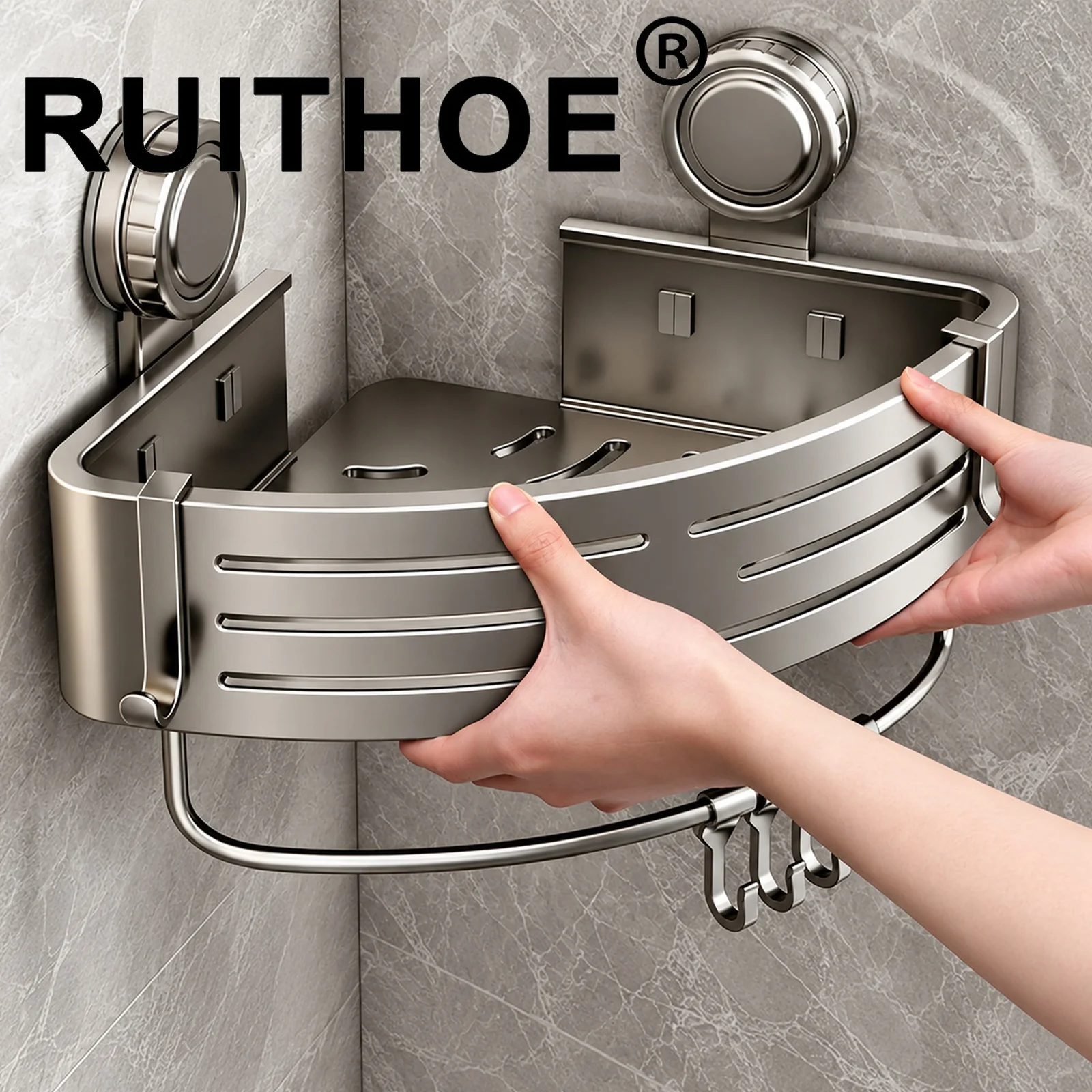 No Drill Suction Corner Shower Caddy Space Aluminum Bathroom Wall Storage Rack with Towel Rail Hooks for Shower Toilet Organizer