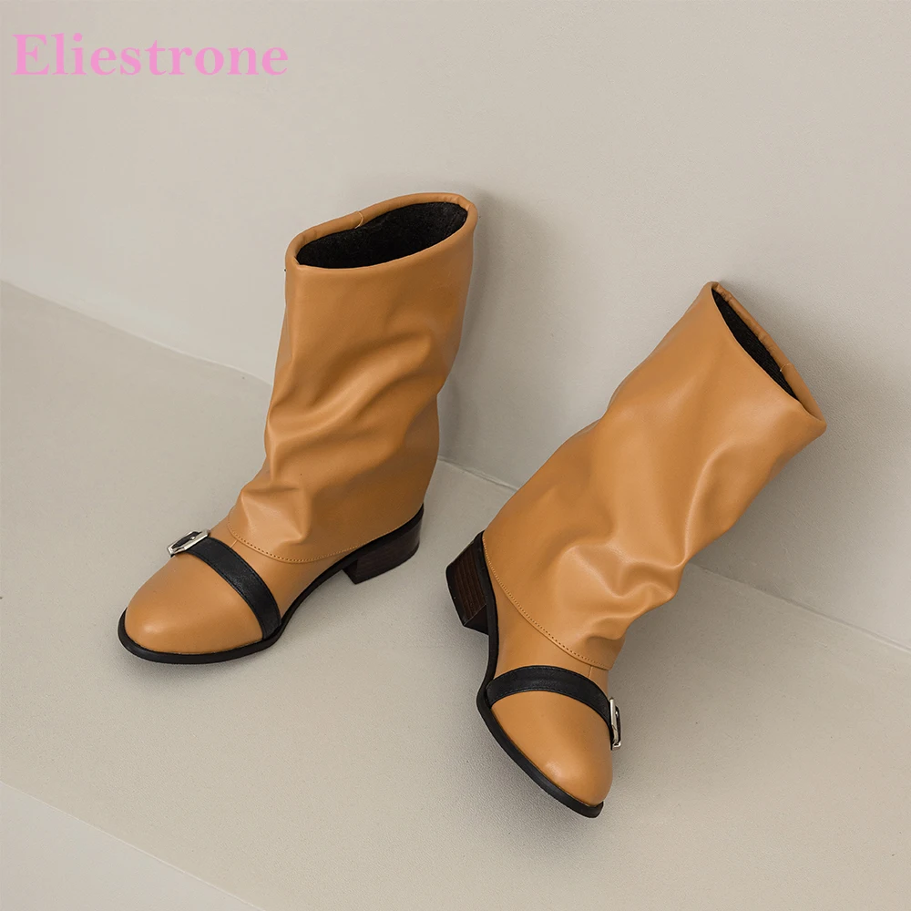 

2025 Новые зимние удобные черные, желтые женские ботинки до середины икры на среднем массивном каблуке, женская повседневная обувь, большие размеры 10, 42, 44 47
