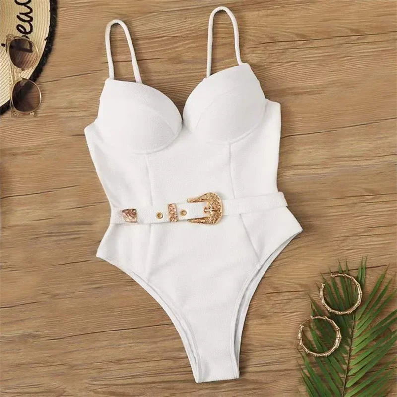 Sexy Push Up Underwire Swimwear Women Solid White Black Padded Buckle One Piece Swimsuit Beach Bathing Suit Bodysuit Monokini