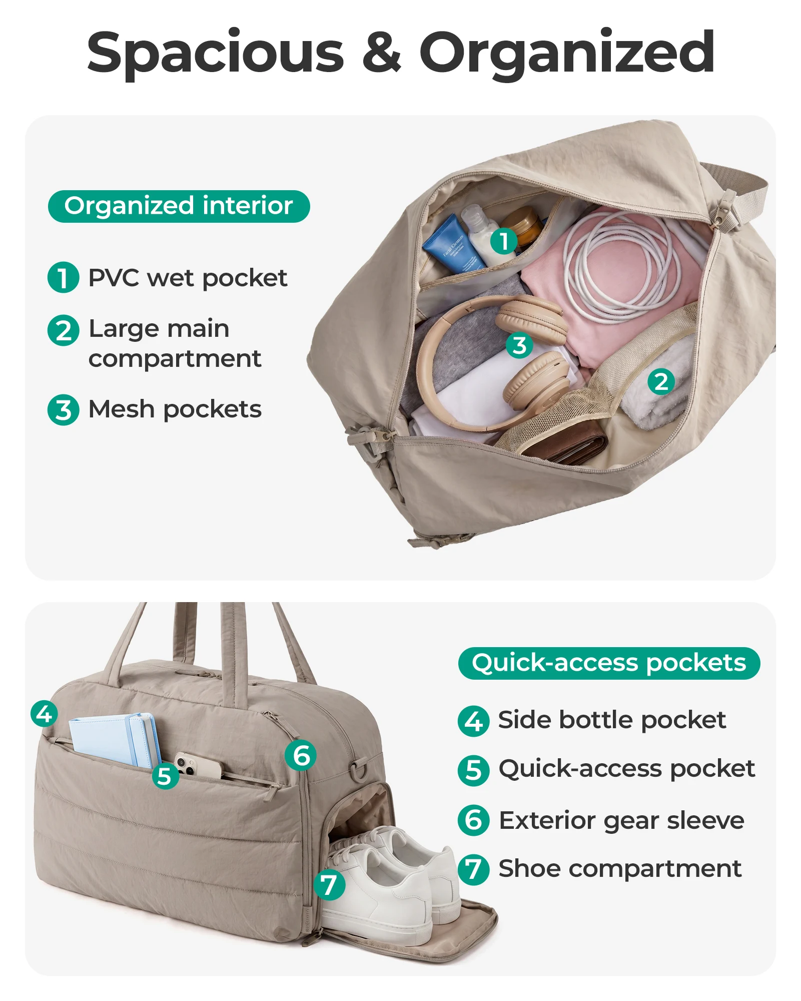 BAGSMART 2 Set Gym Bag for Women Yoga Bag with Water Bottle Holder Sports Pilates Bag 25L Overnight  Travel Duffle Bag