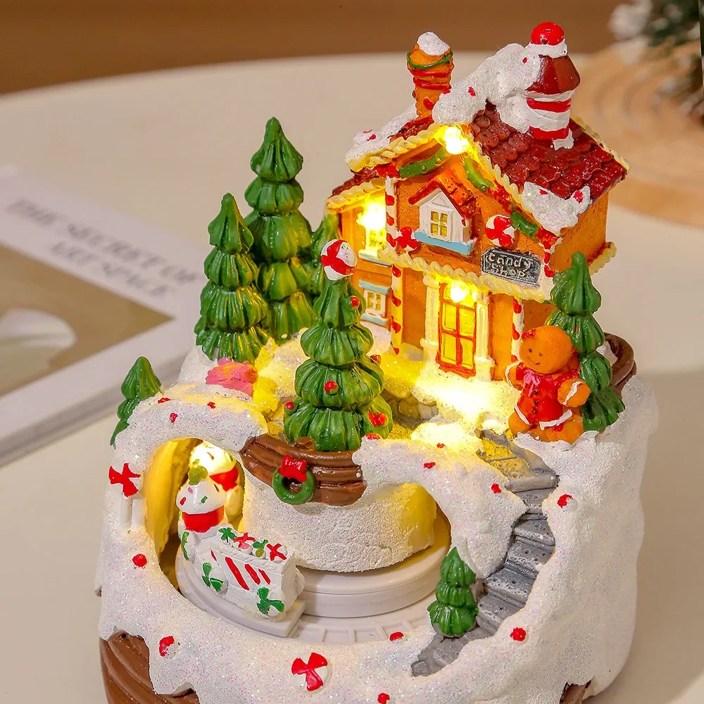 LED Rotating Music Christmas House Decoration Christmas Scene Village House Figurine for Xmas Desktop Decoration Xmas Gift