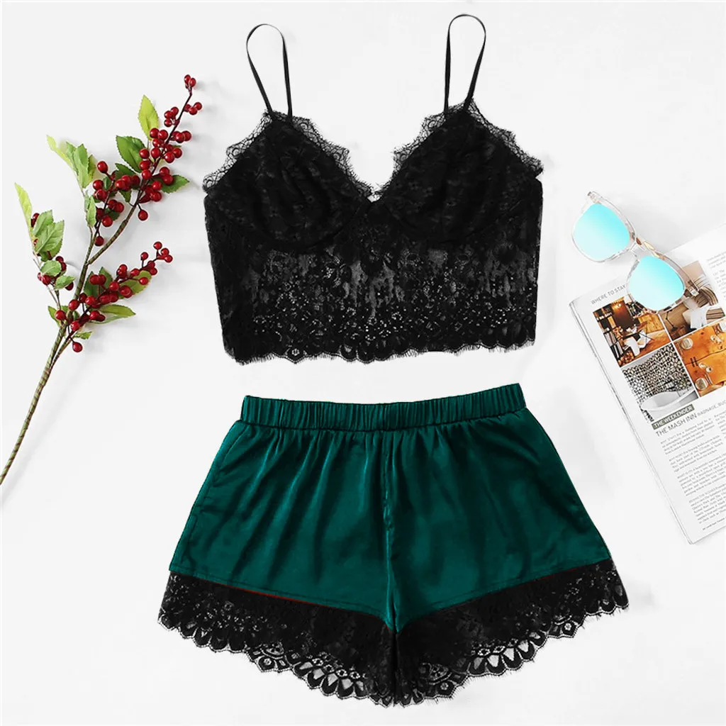 Sexy Lingerie For Women Summer Transparent Lace V-neck Bowknot Shorts Set Sleepwear Pajamas Lingerie Nightgown