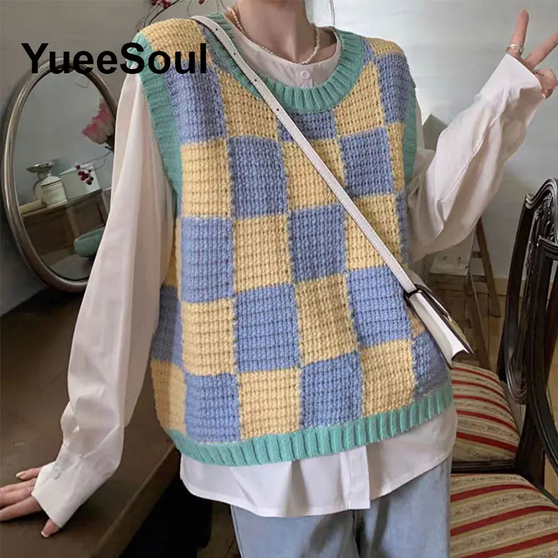 Y2K Aesthetic Vintage Sweater Vest 2026 New Loose Knitted Female Waistcoat Argyle Printed Sleeveless Loose Casual Oversized Tops