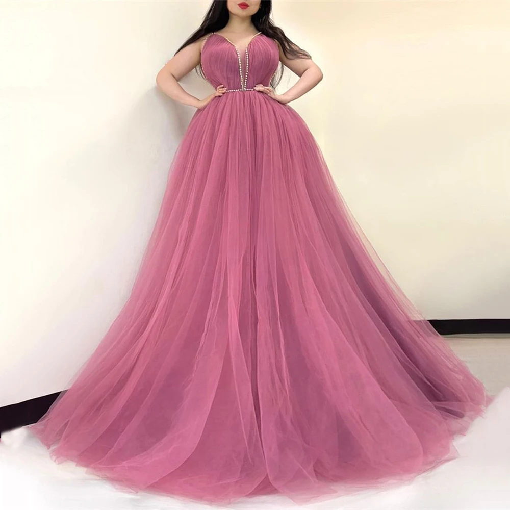 

Eeqasn A Line Dusty Pink Tulle Prom Gowns Sweetheat Pearls Formal Evening Dresses Customize Princess Women Wedding Party Gowns