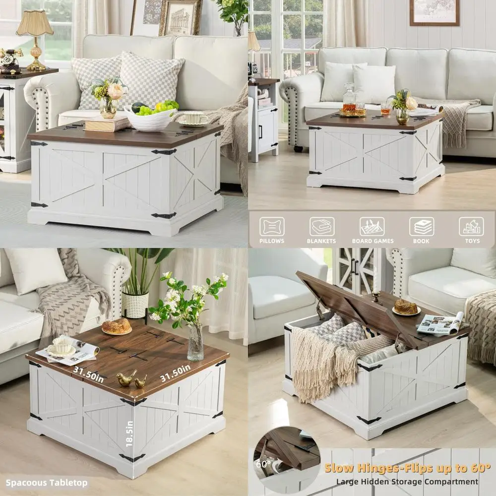 

Rustic Modern Farmhouse Coffee Table Antique White with Large Hidden Storage Antique White Square Center Table for Living Room