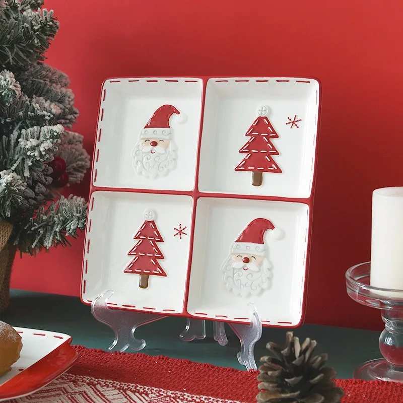 

Creative Christmas Ceramic Tray Four Sections Dinner Plate Food Serving Plate Snack Fruit Household Storage Dish Tableware