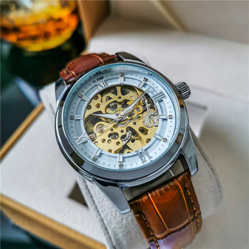 Business Diamond Stainless Steel Skeleton Luminous Waterproof Genuine Leather Strap Self-Wind Automatic Watch for Men