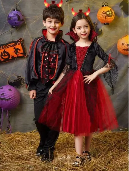 Girls Boys Vampire Dress Kid Ghost Bride Gothic Cosplay Vampire Devil Earl Halloween Costume Vampiran Carnival Outfit Clothes