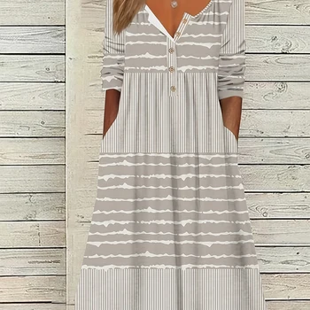 플러스 사이즈 여성용 V넥 긴팔 드레스 세트, 빈티지 롱 원피스, 루즈 캐주얼 폴리에스테르, 가을 패션 