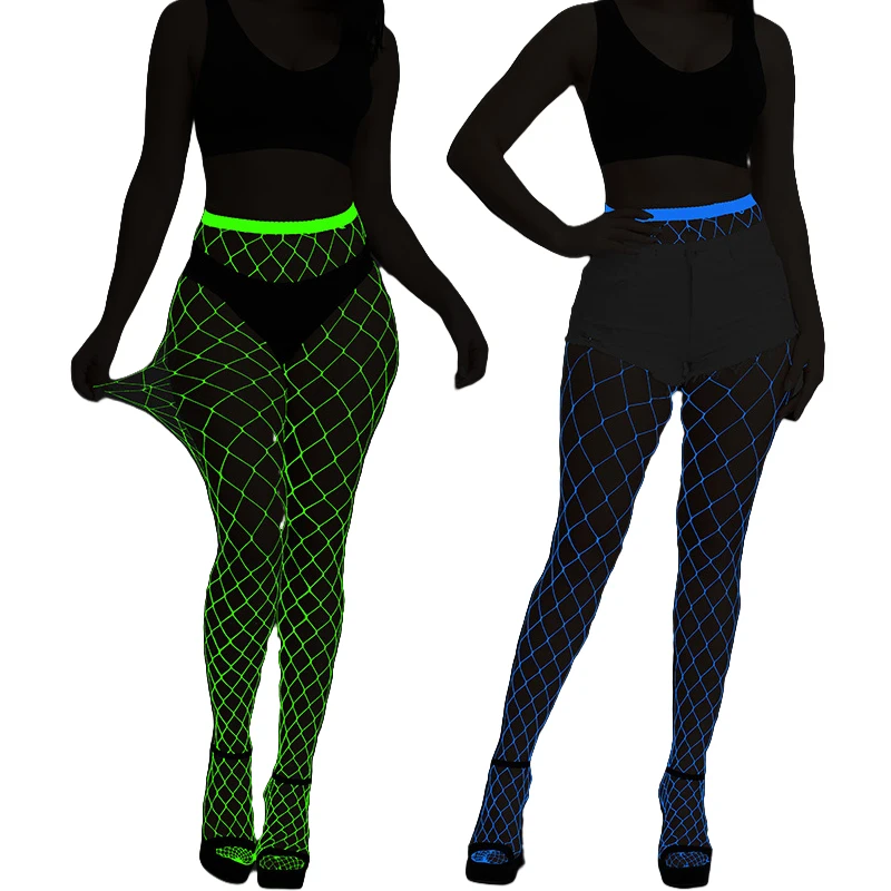 Women Glow in The Dark Fishnet Stockings Leggings Luminous Fishnet High Waist Fishnet Tights