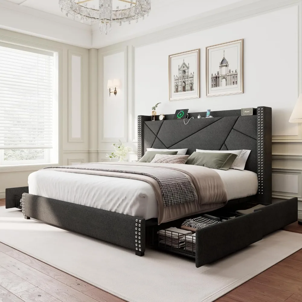 

King Storage Bed Frame with 4 Drawers, Upholstered Bed Frame with Minimalist Wingback Headboard and Charging Station