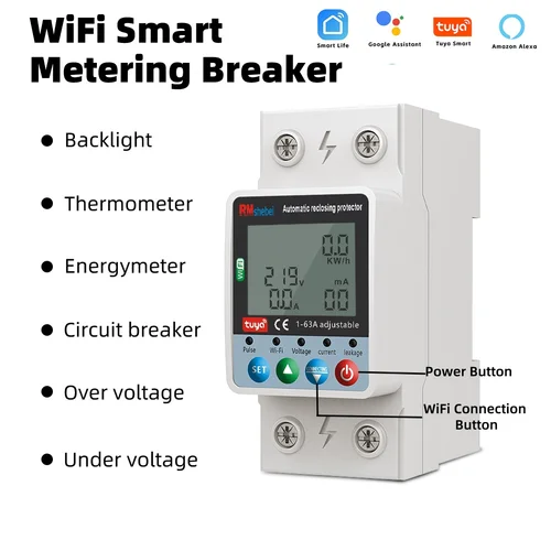 Imagen 2 del producto RMshebei Tuya Smart WiFi disyuntor 2P 63A con doble rotura sobretensión bajo voltaje protección contra fugas de sobrecarga